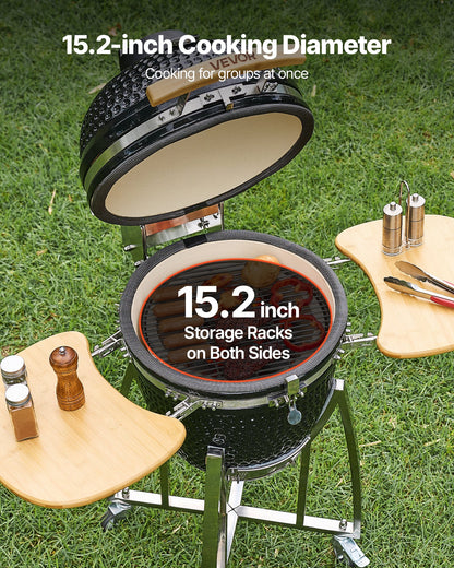 Charcoal Smoker and Grill, 450mm Kamado Charcoal BBQ Smoker, Movable Ceramic Barbecue Grill with 4 Wheels (2 Lockable), Built-in Thermometer, Air Vent & Side Shelf for Outdoor Patio Yard Cooking
