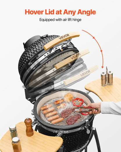 Charcoal Smoker and Grill, 450mm Kamado Charcoal BBQ Smoker, Movable Ceramic Barbecue Grill with 4 Wheels (2 Lockable), Built-in Thermometer, Air Vent & Side Shelf for Outdoor Patio Yard Cooking