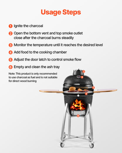 Charcoal Smoker and Grill, 450mm Kamado Charcoal BBQ Smoker, Movable Ceramic Barbecue Grill with 4 Wheels (2 Lockable), Built-in Thermometer, Air Vent & Side Shelf for Outdoor Patio Yard Cooking