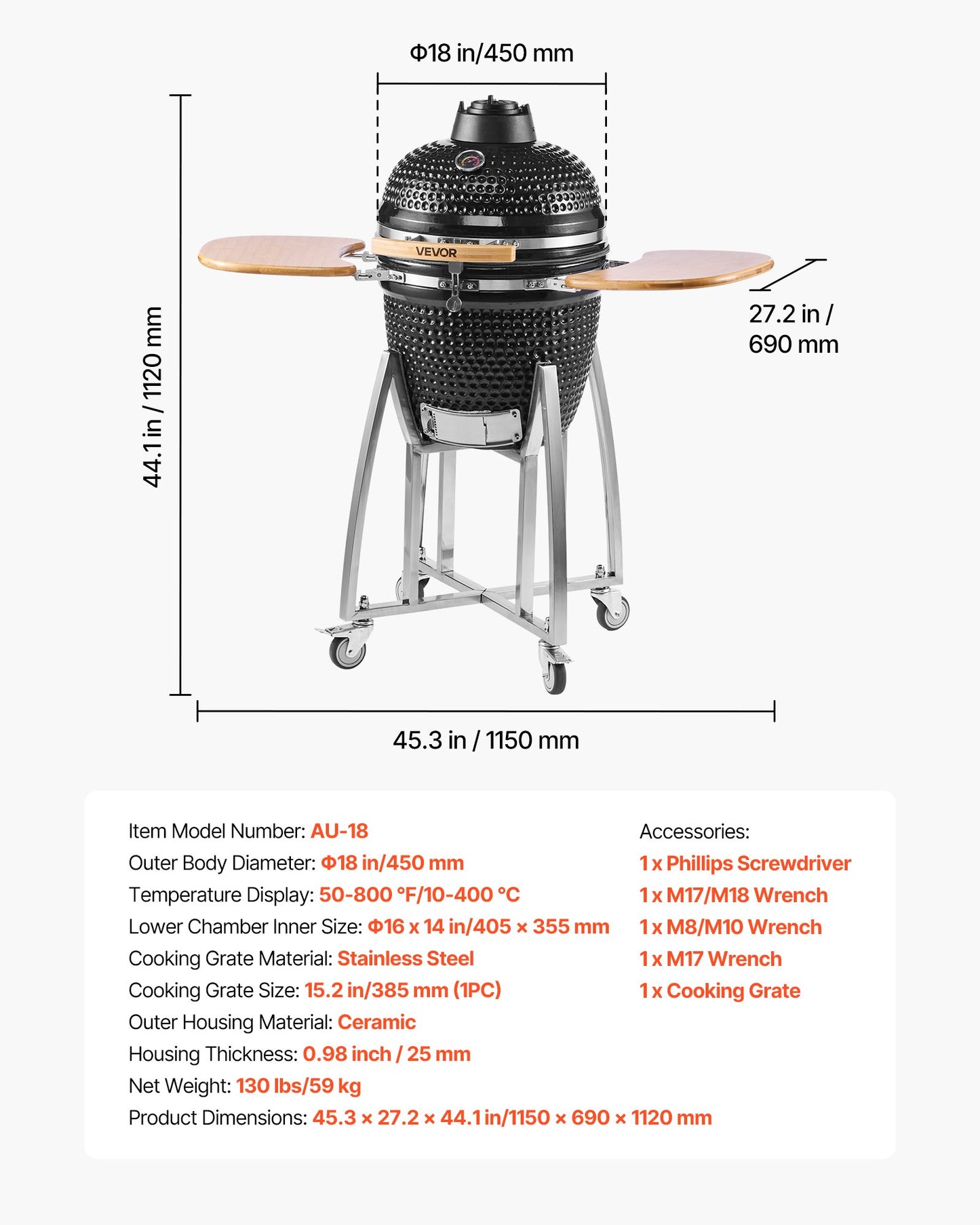 Charcoal Smoker and Grill, 450mm Kamado Charcoal BBQ Smoker, Movable Ceramic Barbecue Grill with 4 Wheels (2 Lockable), Built-in Thermometer, Air Vent & Side Shelf for Outdoor Patio Yard Cooking