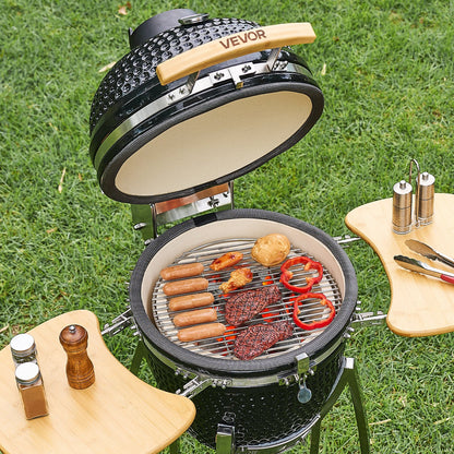 Charcoal Smoker and Grill, 450mm Kamado Charcoal BBQ Smoker, Movable Ceramic Barbecue Grill with 4 Wheels (2 Lockable), Built-in Thermometer, Air Vent & Side Shelf for Outdoor Patio Yard Cooking