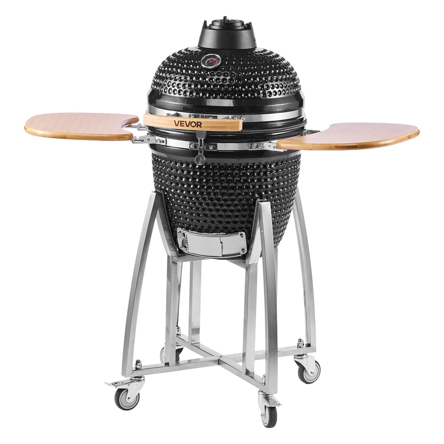 Charcoal Smoker and Grill, 450mm Kamado Charcoal BBQ Smoker, Movable Ceramic Barbecue Grill with 4 Wheels (2 Lockable), Built-in Thermometer, Air Vent & Side Shelf for Outdoor Patio Yard Cooking
