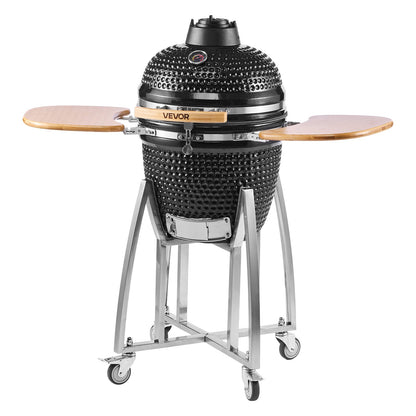Charcoal Smoker and Grill, 450mm Kamado Charcoal BBQ Smoker, Movable Ceramic Barbecue Grill with 4 Wheels (2 Lockable), Built-in Thermometer, Air Vent & Side Shelf for Outdoor Patio Yard Cooking