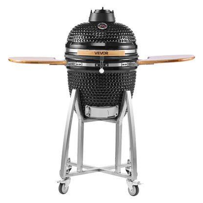 Charcoal Smoker and Grill, 450mm Kamado Charcoal BBQ Smoker, Movable Ceramic Barbecue Grill with 4 Wheels (2 Lockable), Built-in Thermometer, Air Vent & Side Shelf for Outdoor Patio Yard Cooking