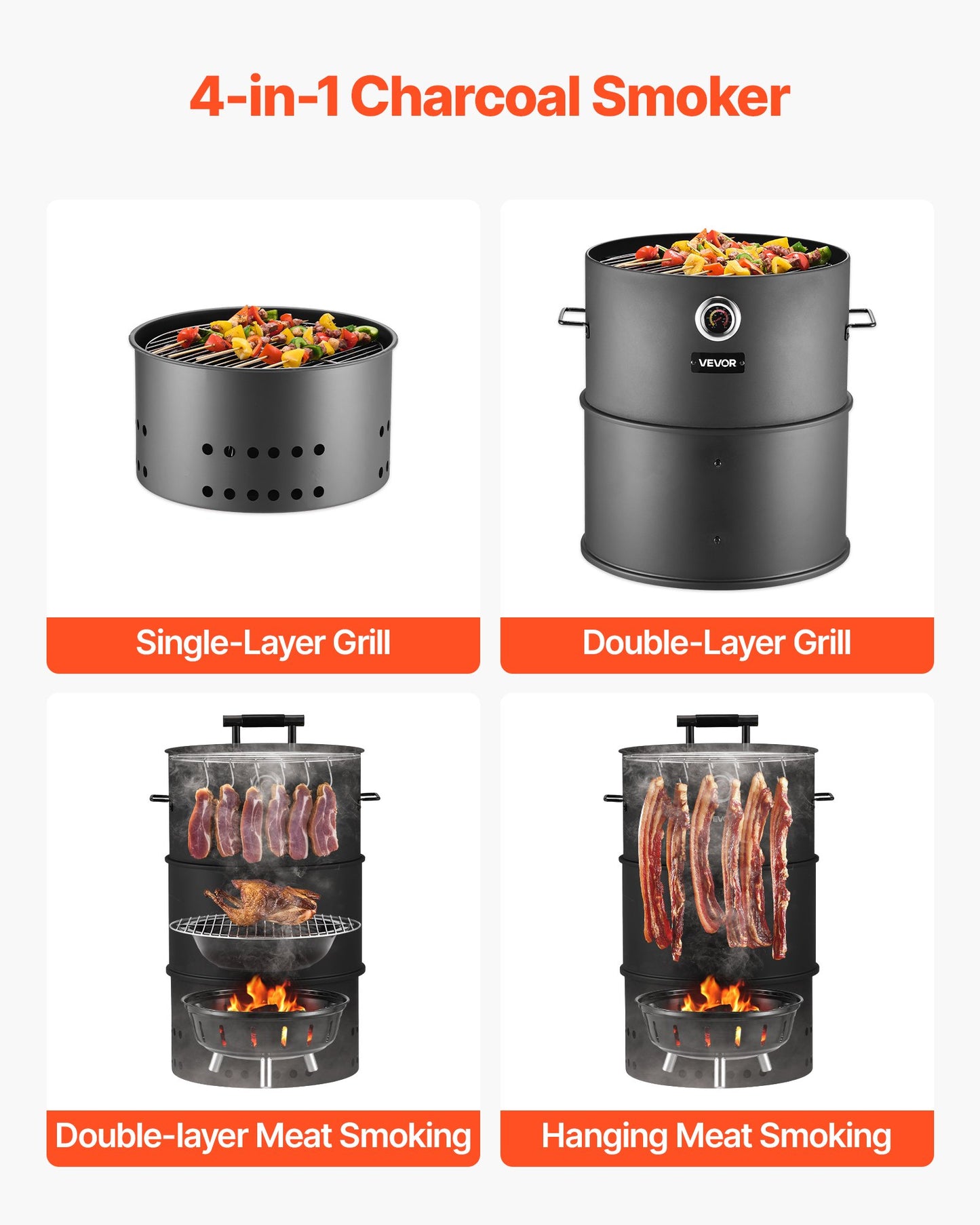 Charcoal Smoker Grill, 470mm Barrel Charcoal BBQ Smoker, Coated Steel Outdoor Barbecue Grill with 2 Grilling Grates, 1 Hanging Rod, 6 Hooks & Thermometer, Ideal for Party Backyard Patio Cooking