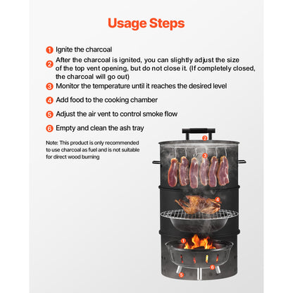 Charcoal Smoker Grill, 470mm Barrel Charcoal BBQ Smoker, Coated Steel Outdoor Barbecue Grill with 2 Grilling Grates, 1 Hanging Rod, 6 Hooks & Thermometer, Ideal for Party Backyard Patio Cooking