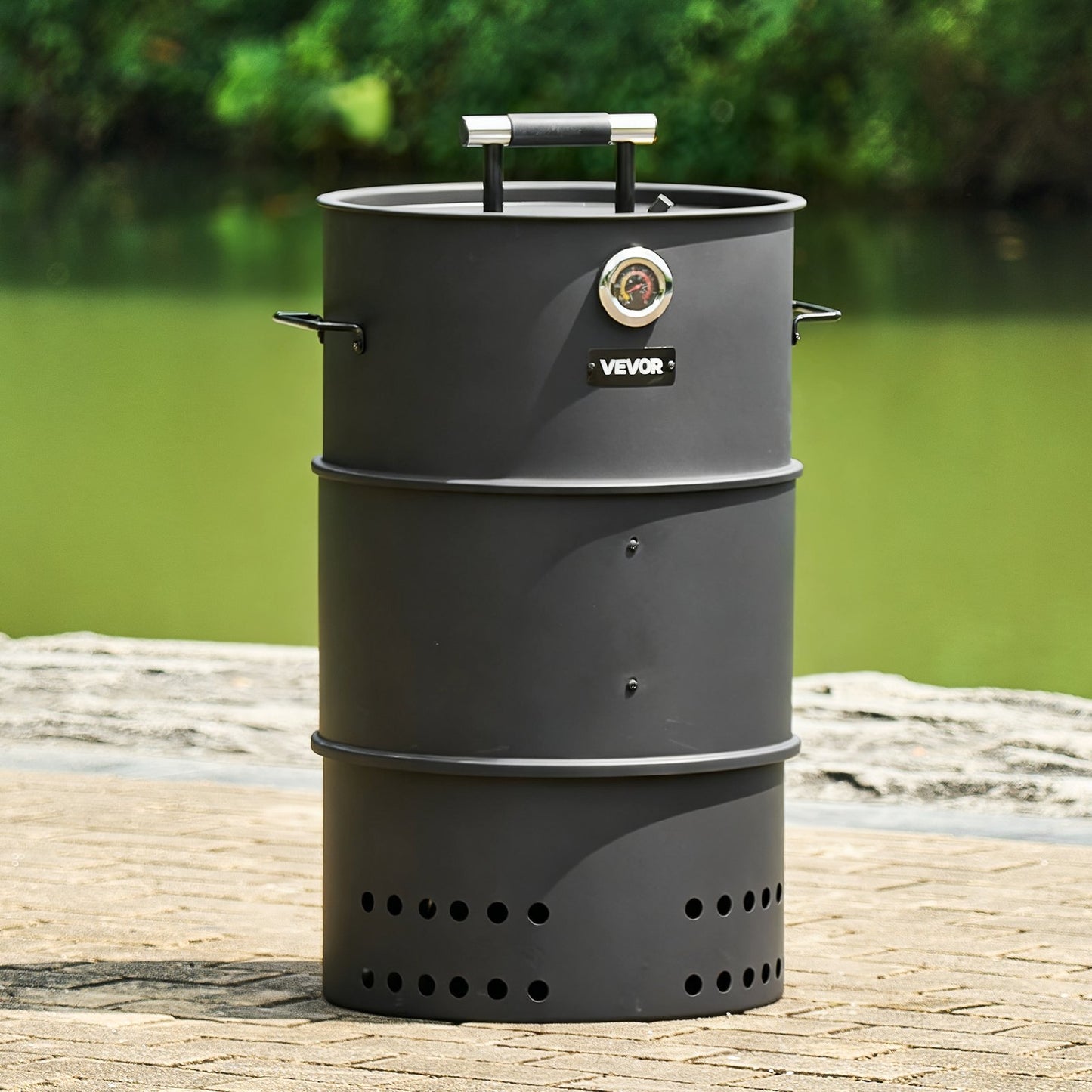 Charcoal Smoker Grill, 470mm Barrel Charcoal BBQ Smoker, Coated Steel Outdoor Barbecue Grill with 2 Grilling Grates, 1 Hanging Rod, 6 Hooks & Thermometer, Ideal for Party Backyard Patio Cooking