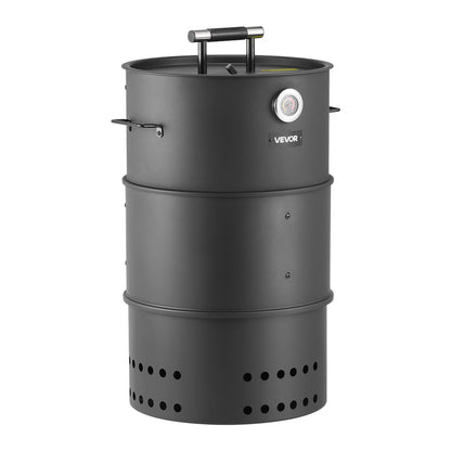 Charcoal Smoker Grill, 470mm Barrel Charcoal BBQ Smoker, Coated Steel Outdoor Barbecue Grill with 2 Grilling Grates, 1 Hanging Rod, 6 Hooks & Thermometer, Ideal for Party Backyard Patio Cooking