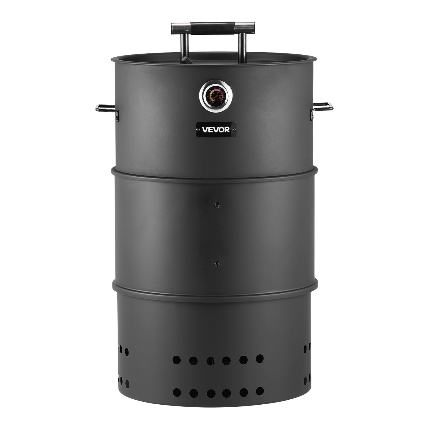Charcoal Smoker Grill, 470mm Barrel Charcoal BBQ Smoker, Coated Steel Outdoor Barbecue Grill with 2 Grilling Grates, 1 Hanging Rod, 6 Hooks & Thermometer, Ideal for Party Backyard Patio Cooking