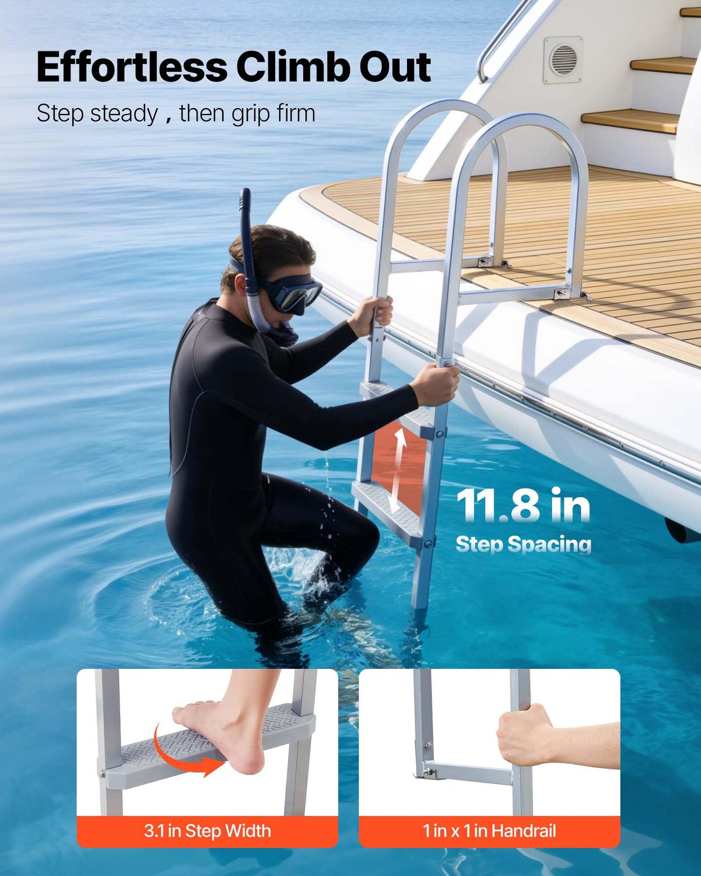 Removable Dock Ladder, 5 Steps, Aluminum Alloy Pontoon Boat Swim Ladder, with Non-Slip Wide PP Steps, 227 kg Weight Capacity, Quick Release Design, for Lake Swimming, Pool, Marine Boarding