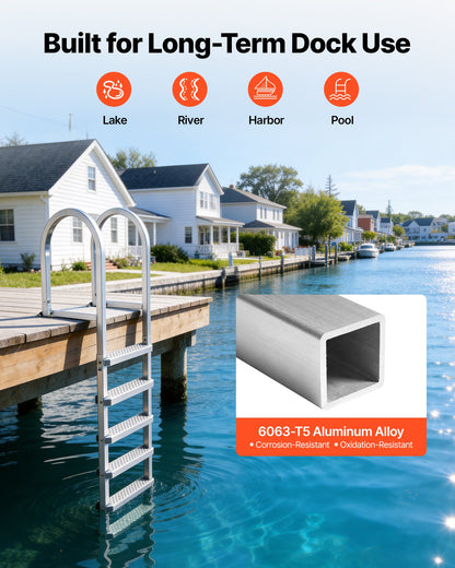 Removable Dock Ladder, 5 Steps, Aluminum Alloy Pontoon Boat Swim Ladder, with Non-Slip Wide PP Steps, 227 kg Weight Capacity, Quick Release Design, for Lake Swimming, Pool, Marine Boarding