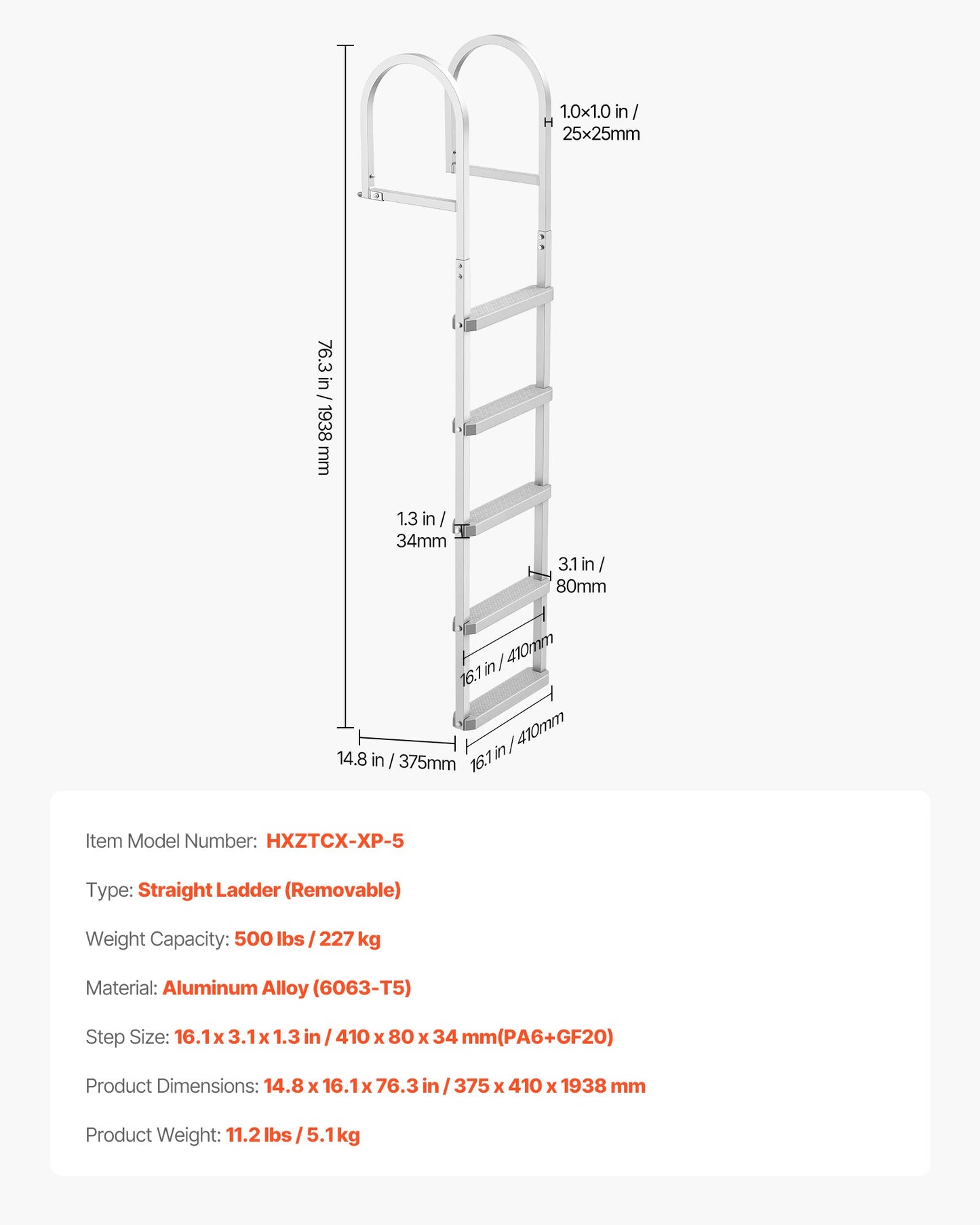Removable Dock Ladder, 5 Steps, Aluminum Alloy Pontoon Boat Swim Ladder, with Non-Slip Wide PP Steps, 227 kg Weight Capacity, Quick Release Design, for Lake Swimming, Pool, Marine Boarding