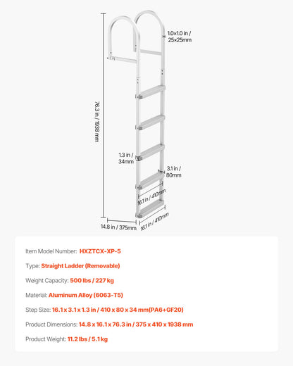 Removable Dock Ladder, 5 Steps, Aluminum Alloy Pontoon Boat Swim Ladder, with Non-Slip Wide PP Steps, 227 kg Weight Capacity, Quick Release Design, for Lake Swimming, Pool, Marine Boarding