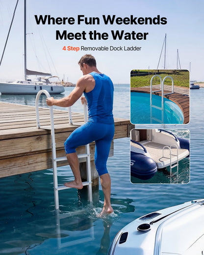 Removable Dock Ladder, 4 Steps, Aluminum Alloy Pontoon Boat Swim Ladder, with Non-Slip Wide Steps, 227 kg Weight Capacity, Quick Release Design, for Lake Swimming, Pool, Boat, Marine Boarding