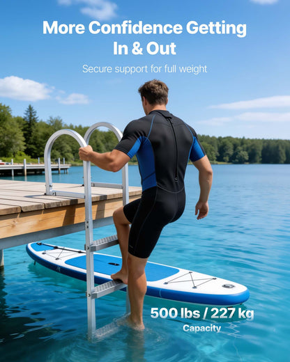 Removable Dock Ladder, 3 Steps, Aluminum Alloy Pontoon Boat Swim Ladder, with Non-Slip Wide PP Steps, 227 kg Weight Capacity, Quick Release Design, for Lake Swimming, Pool, Marine Boarding