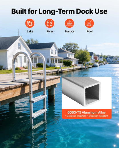 Removable Dock Ladder, 3 Steps, Aluminum Alloy Pontoon Boat Swim Ladder, with Non-Slip Wide PP Steps, 227 kg Weight Capacity, Quick Release Design, for Lake Swimming, Pool, Marine Boarding