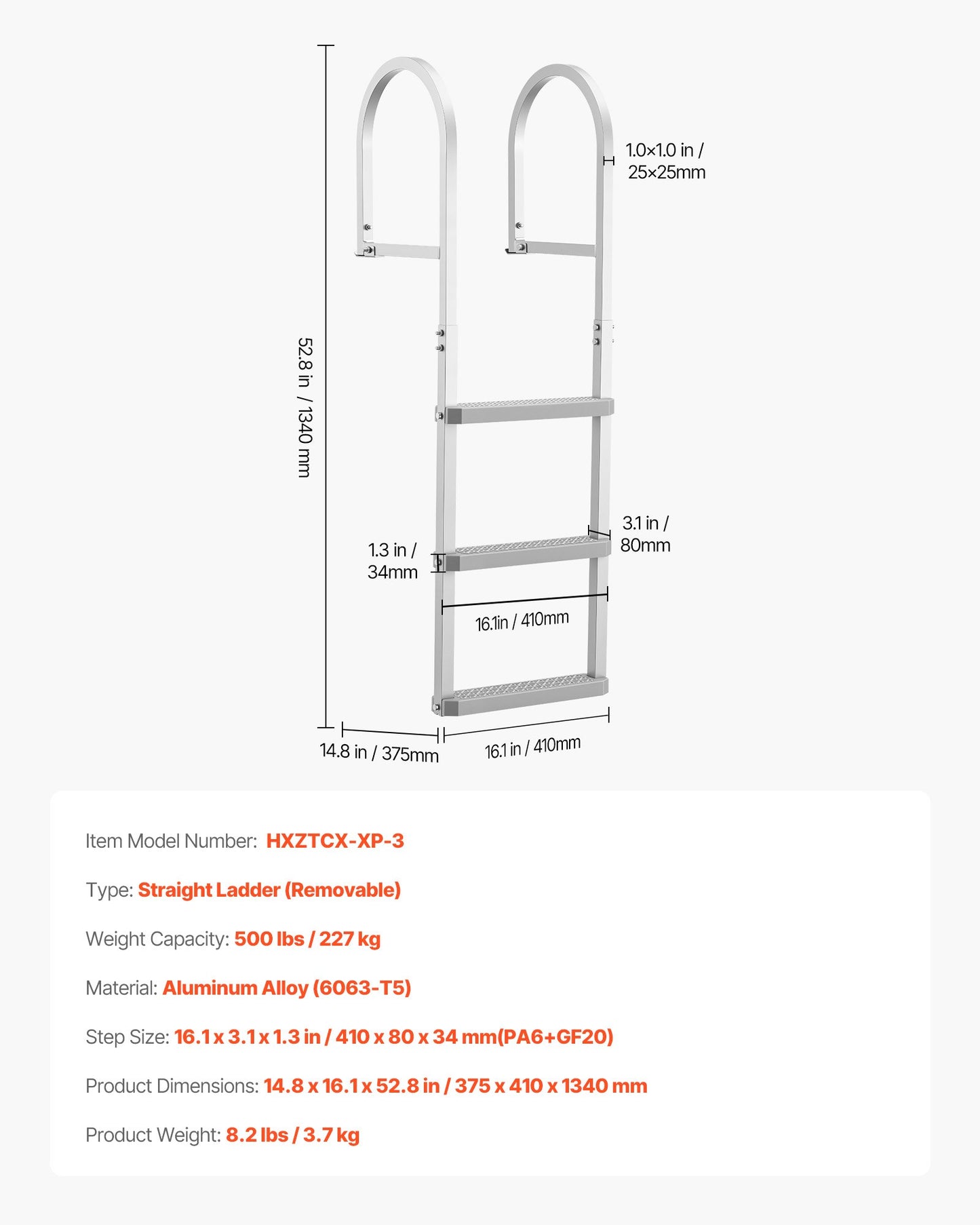 Removable Dock Ladder, 3 Steps, Aluminum Alloy Pontoon Boat Swim Ladder, with Non-Slip Wide PP Steps, 227 kg Weight Capacity, Quick Release Design, for Lake Swimming, Pool, Marine Boarding