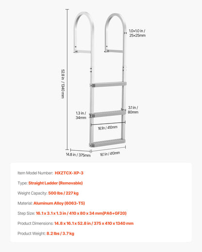 Removable Dock Ladder, 3 Steps, Aluminum Alloy Pontoon Boat Swim Ladder, with Non-Slip Wide PP Steps, 227 kg Weight Capacity, Quick Release Design, for Lake Swimming, Pool, Marine Boarding