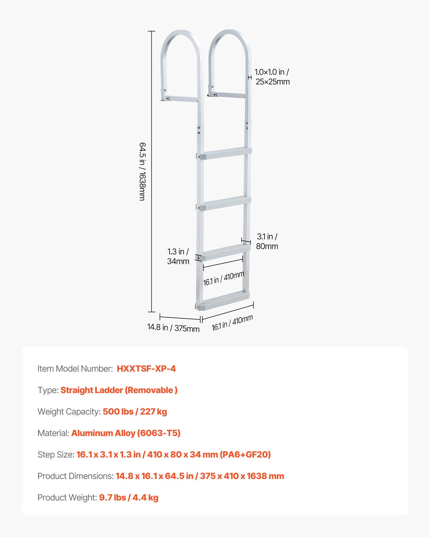 Removable Dock Ladder, 4 Steps, Aluminum Alloy Pontoon Boat Swim Ladder, with Non-Slip Wide PP Steps, 227 kg Weight Capacity, Quick Release Design, for Lake Swimming, Pool, Marine Boarding