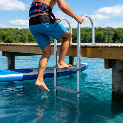 Removable Dock Ladder, 4 Steps, Aluminum Alloy Pontoon Boat Swim Ladder, with Non-Slip Wide PP Steps, 227 kg Weight Capacity, Quick Release Design, for Lake Swimming, Pool, Marine Boarding