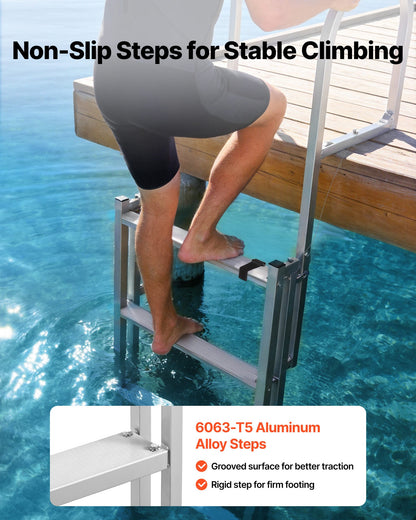Retractable Dock Ladder, 5 Steps, Aluminum Alloy Pontoon Boat Swim Ladder, with Non-Slip Wide Steps, 159 kg Weight Capacity, Adjustable Height, for Lake Swimming, Pool, Boat, Marine Boarding