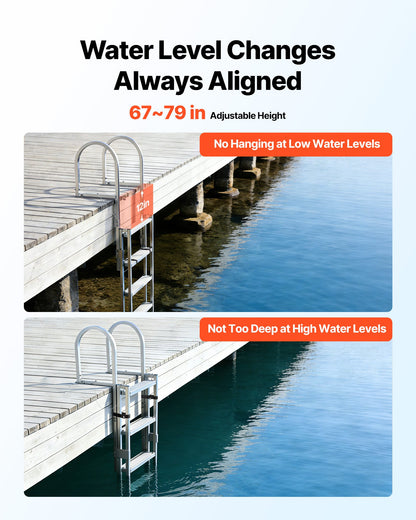Retractable Dock Ladder, 5 Steps, Aluminum Alloy Pontoon Boat Swim Ladder, with Non-Slip Wide Steps, 159 kg Weight Capacity, Adjustable Height, for Lake Swimming, Pool, Boat, Marine Boarding