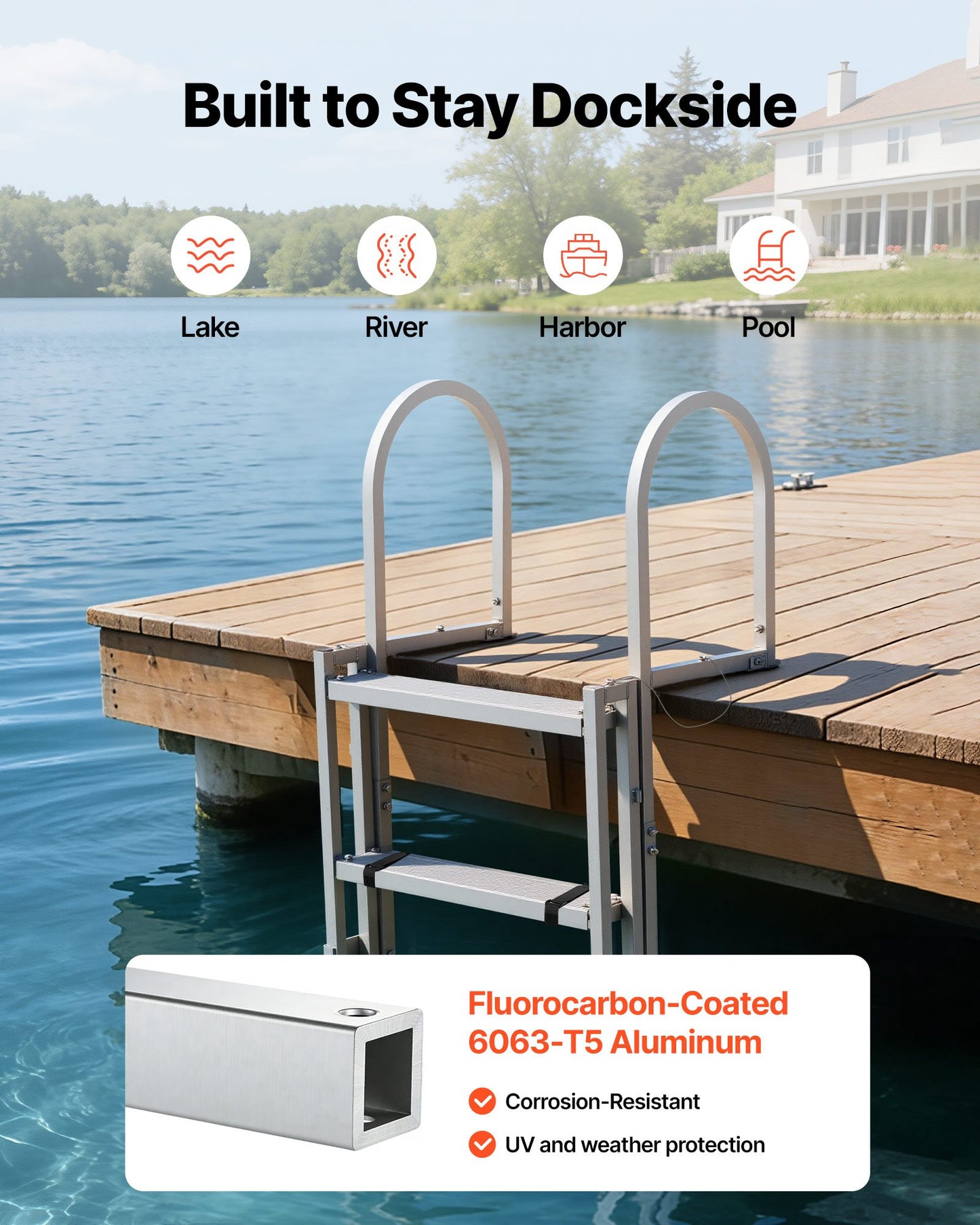 Retractable Dock Ladder, 5 Steps, Aluminum Alloy Pontoon Boat Swim Ladder, with Non-Slip Wide Steps, 159 kg Weight Capacity, Adjustable Height, for Lake Swimming, Pool, Boat, Marine Boarding