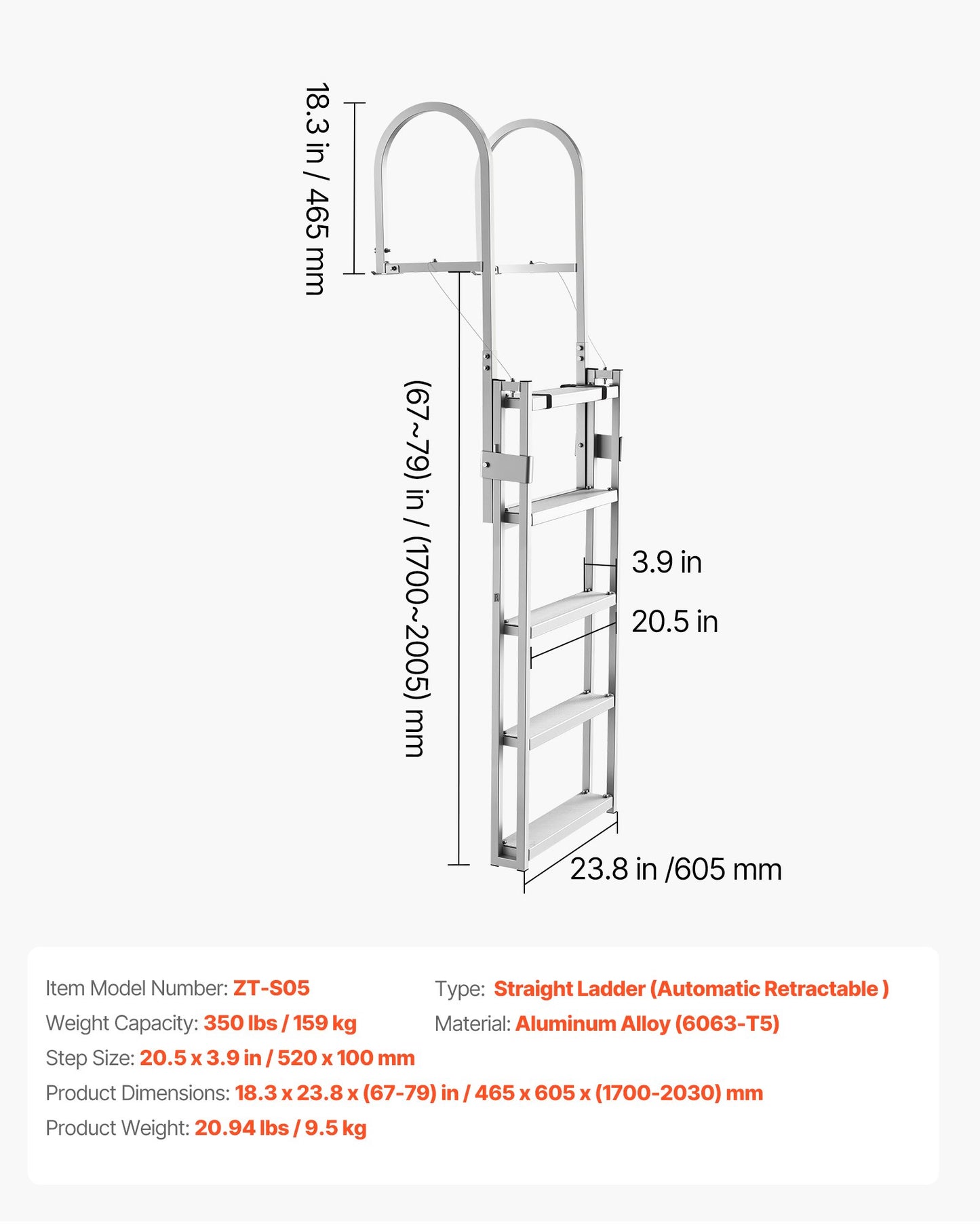 Retractable Dock Ladder, 5 Steps, Aluminum Alloy Pontoon Boat Swim Ladder, with Non-Slip Wide Steps, 159 kg Weight Capacity, Adjustable Height, for Lake Swimming, Pool, Boat, Marine Boarding