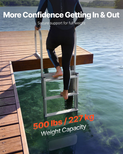 Retractable Dock Ladder, 5 Steps, Aluminum Alloy Pontoon Boat Swim Ladder with Auto-Lift Float, Non-Slip Wide Steps, 227 kg Weight Capacity, Adjustable Height, for Lake Pool Marine Boarding