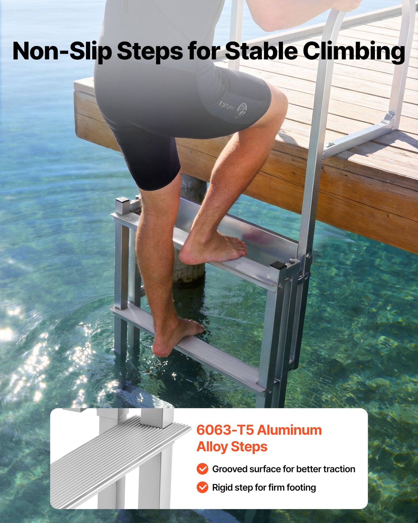 Retractable Dock Ladder, 5 Steps, Aluminum Alloy Pontoon Boat Swim Ladder with Auto-Lift Float, Non-Slip Wide Steps, 227 kg Weight Capacity, Adjustable Height, for Lake Pool Marine Boarding