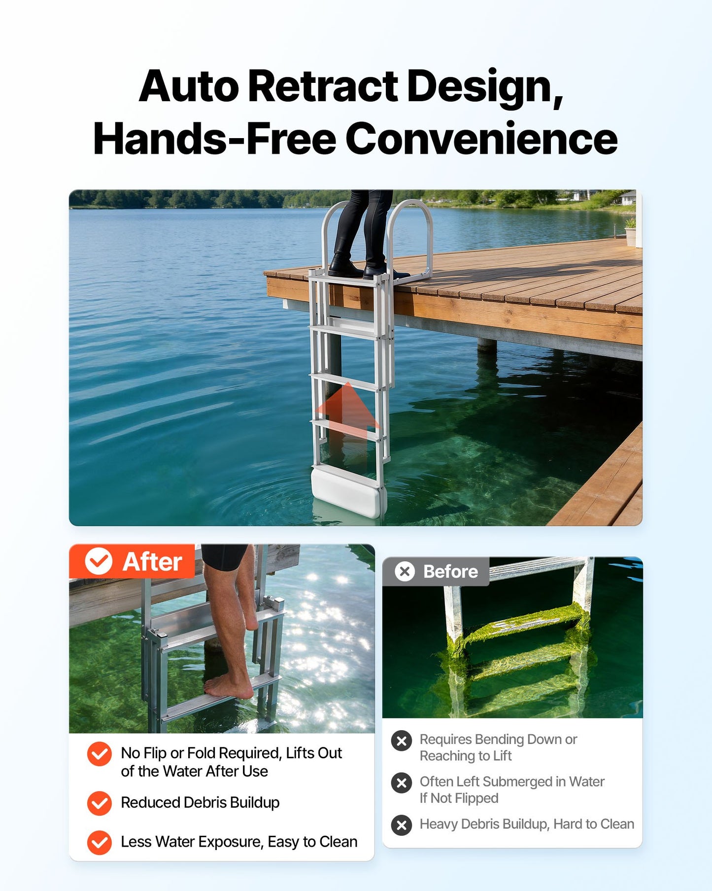Retractable Dock Ladder, 5 Steps, Aluminum Alloy Pontoon Boat Swim Ladder with Auto-Lift Float, Non-Slip Wide Steps, 227 kg Weight Capacity, Adjustable Height, for Lake Pool Marine Boarding