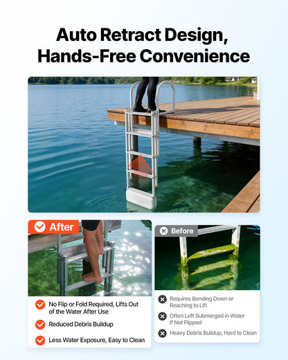 Retractable Dock Ladder, 5 Steps, Aluminum Alloy Pontoon Boat Swim Ladder with Auto-Lift Float, Non-Slip Wide Steps, 227 kg Weight Capacity, Adjustable Height, for Lake Pool Marine Boarding