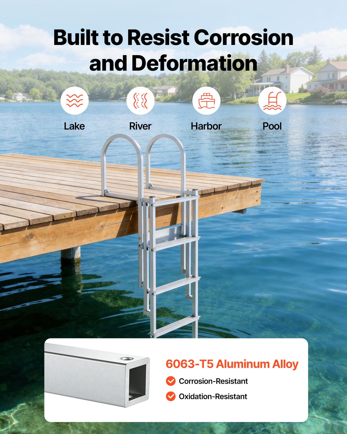 Retractable Dock Ladder, 5 Steps, Aluminum Alloy Pontoon Boat Swim Ladder with Auto-Lift Float, Non-Slip Wide Steps, 227 kg Weight Capacity, Adjustable Height, for Lake Pool Marine Boarding