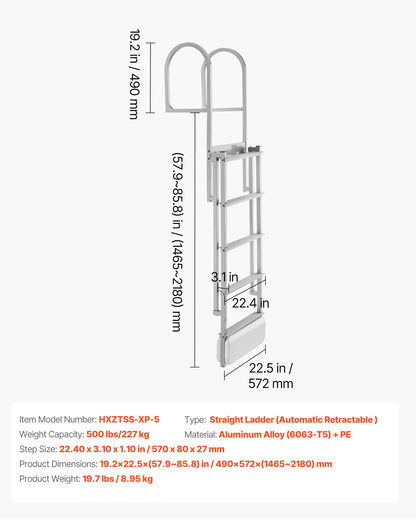 Retractable Dock Ladder, 5 Steps, Aluminum Alloy Pontoon Boat Swim Ladder with Auto-Lift Float, Non-Slip Wide Steps, 227 kg Weight Capacity, Adjustable Height, for Lake Pool Marine Boarding