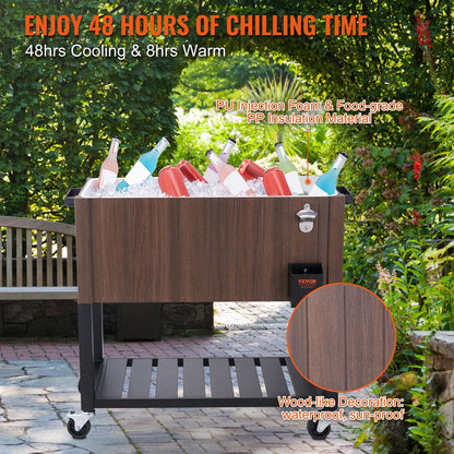 Portable 80QT Rolling Ice Chest Cooler Cart with Teak Accents and Wheels, Brown