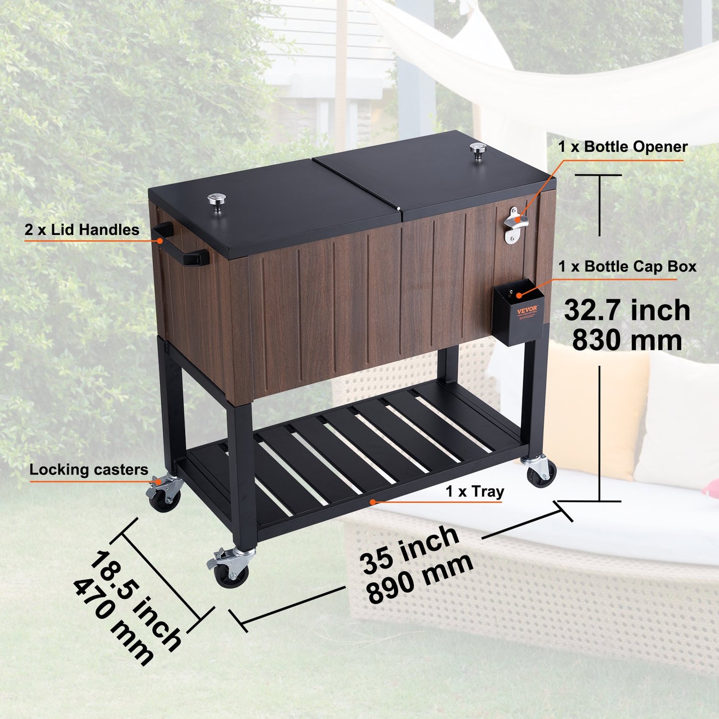 VEVOR Rolling Ice Chest Cooler Cart 80 Quart, Portable Bar Drink Cooler, Beverage