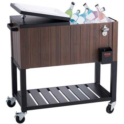 Portable 80QT Rolling Ice Chest Cooler Cart with Teak Accents and Wheels, Brown