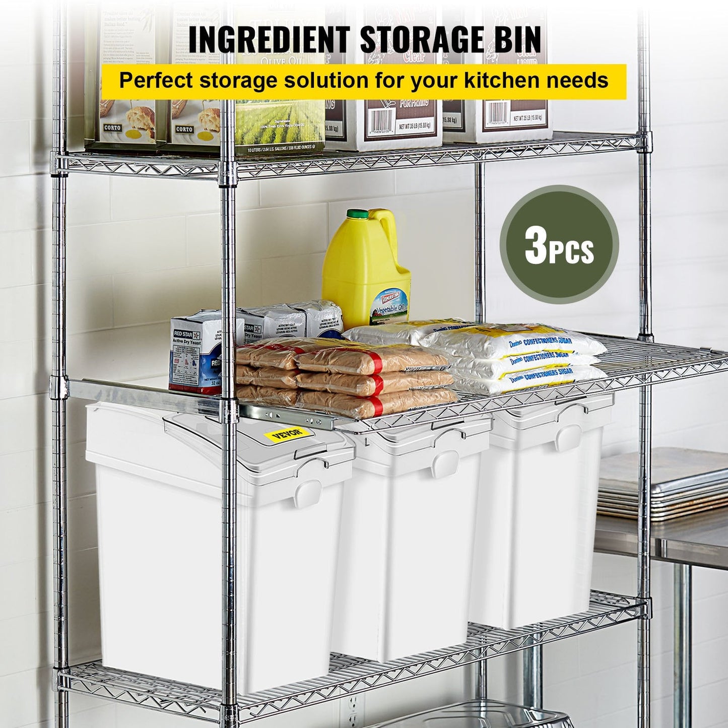 Ingredient Storage Bins with Wheels, 20L Capacity, Set of 3 with Scoop & Lid
