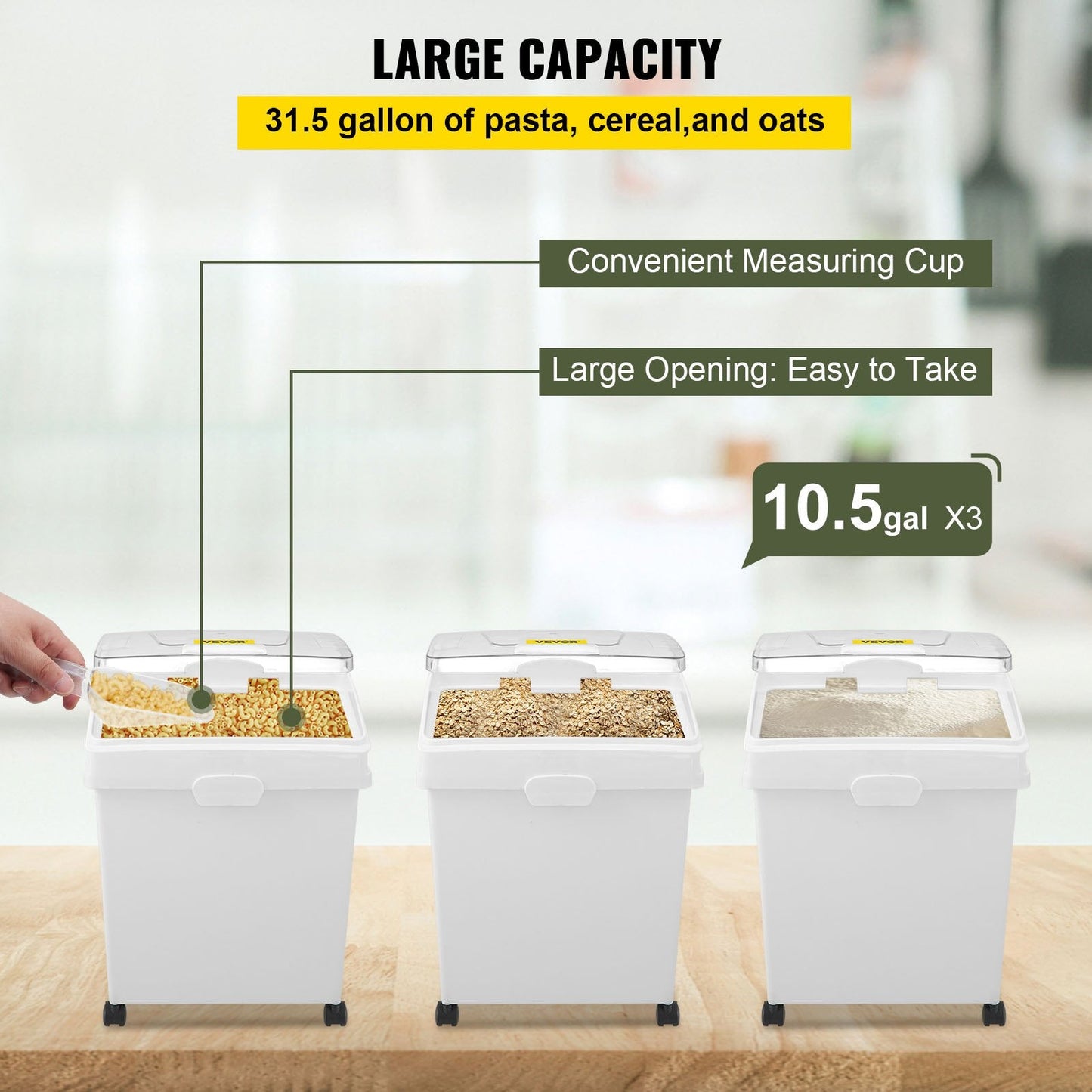 Ingredient Storage Bin Set, 3-Piece, 120L Capacity, with Wheels and Scoop