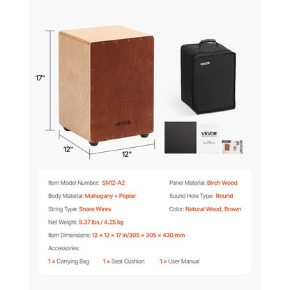Cajon Box Drum Birchwood Percussion Instrument with Snare Wires Travel Bag