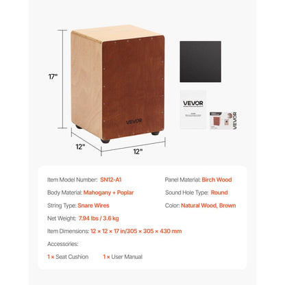 Cajon Box Drum Wooden Birchwood Percussion Instrument with Snare Wires