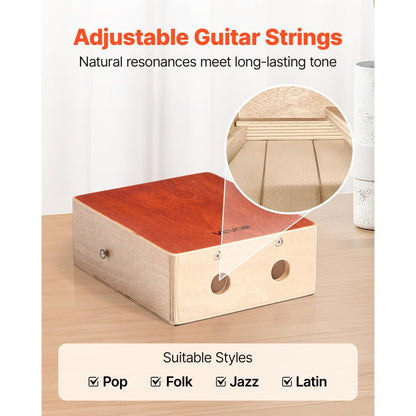 Cajon Box Drum Wood Percussion Instrument with Guitar Strings Travel Bag