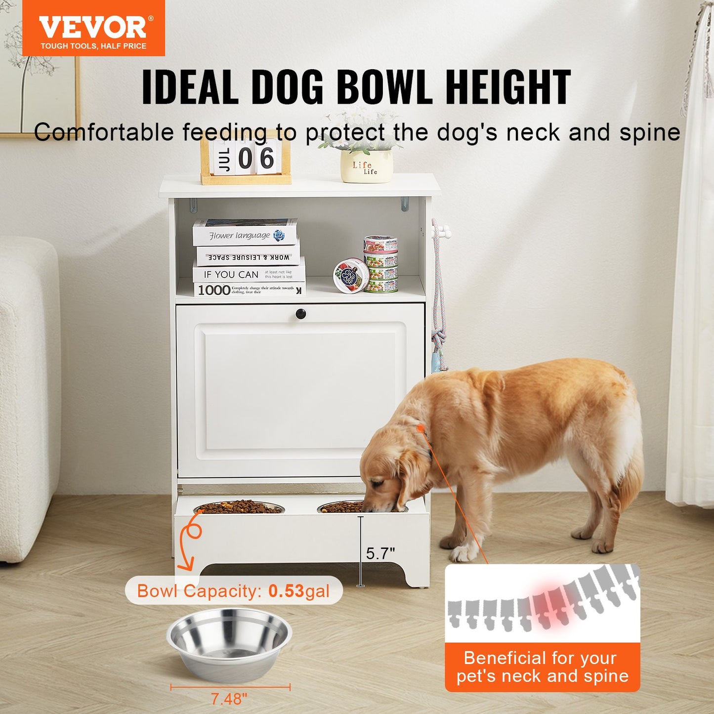Pet Feeding Station with 2 Stainless Steel Bowls, Elevated Dog Bowls with Storage, Dog Food Storage and Feeder Station with Tilt Out Storage Cabinet, Pet Toy Storage Organizer, for Small Dogs