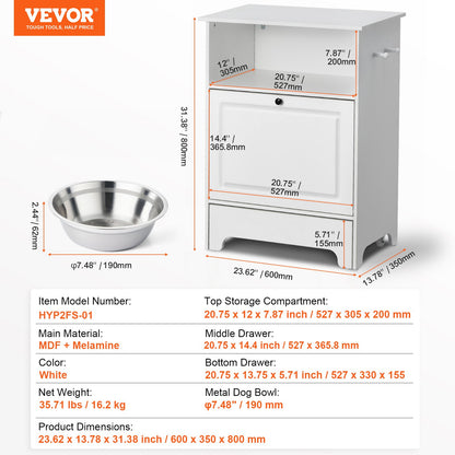 Pet Feeding Station with 2 Stainless Steel Bowls, Elevated Dog Bowls with Storage, Dog Food Storage and Feeder Station with Tilt Out Storage Cabinet, Pet Toy Storage Organizer, for Small Dogs