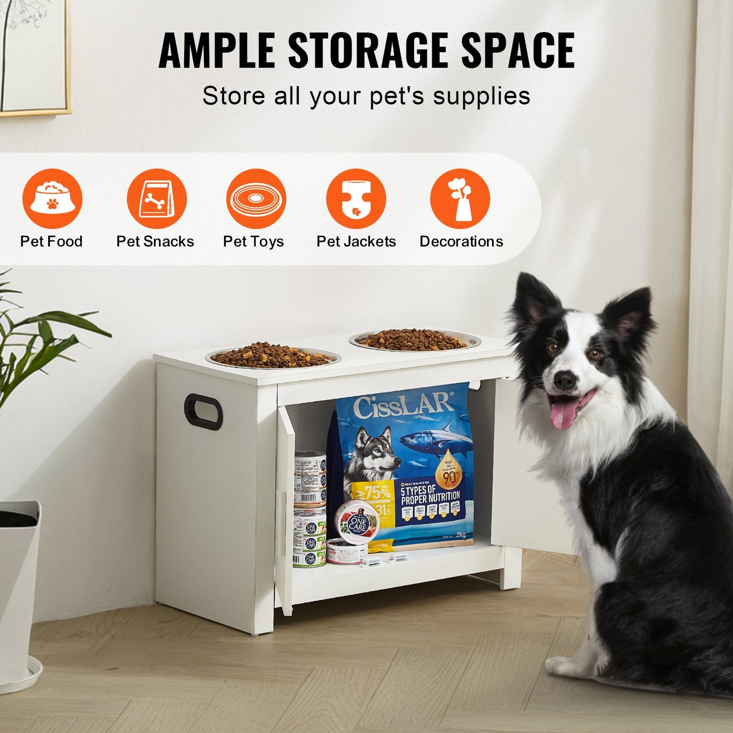 Pet Feeding Station with 2 Stainless Steel Bowls, Elevated Dog Bowls with Storage, Dog Food Storage and Feeder Station with Storage Cabinet, Pet Toy Storage Organizer, for Dogs, Modern