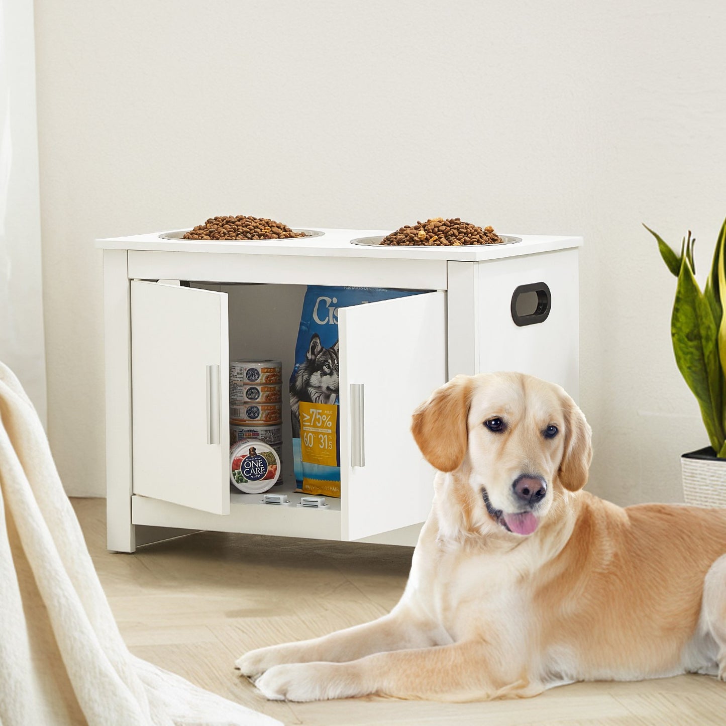 Pet Feeding Station with 2 Stainless Steel Bowls, Elevated Dog Bowls with Storage, Dog Food Storage and Feeder Station with Storage Cabinet, Pet Toy Storage Organizer, for Dogs, Modern
