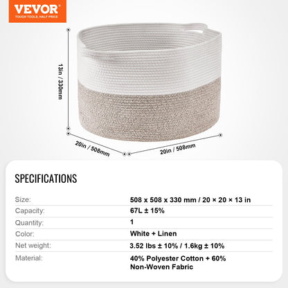 VEVOR Cotton Rope Storage Basket 67L Woven Blanket Basket 20 x 20 x 13 in