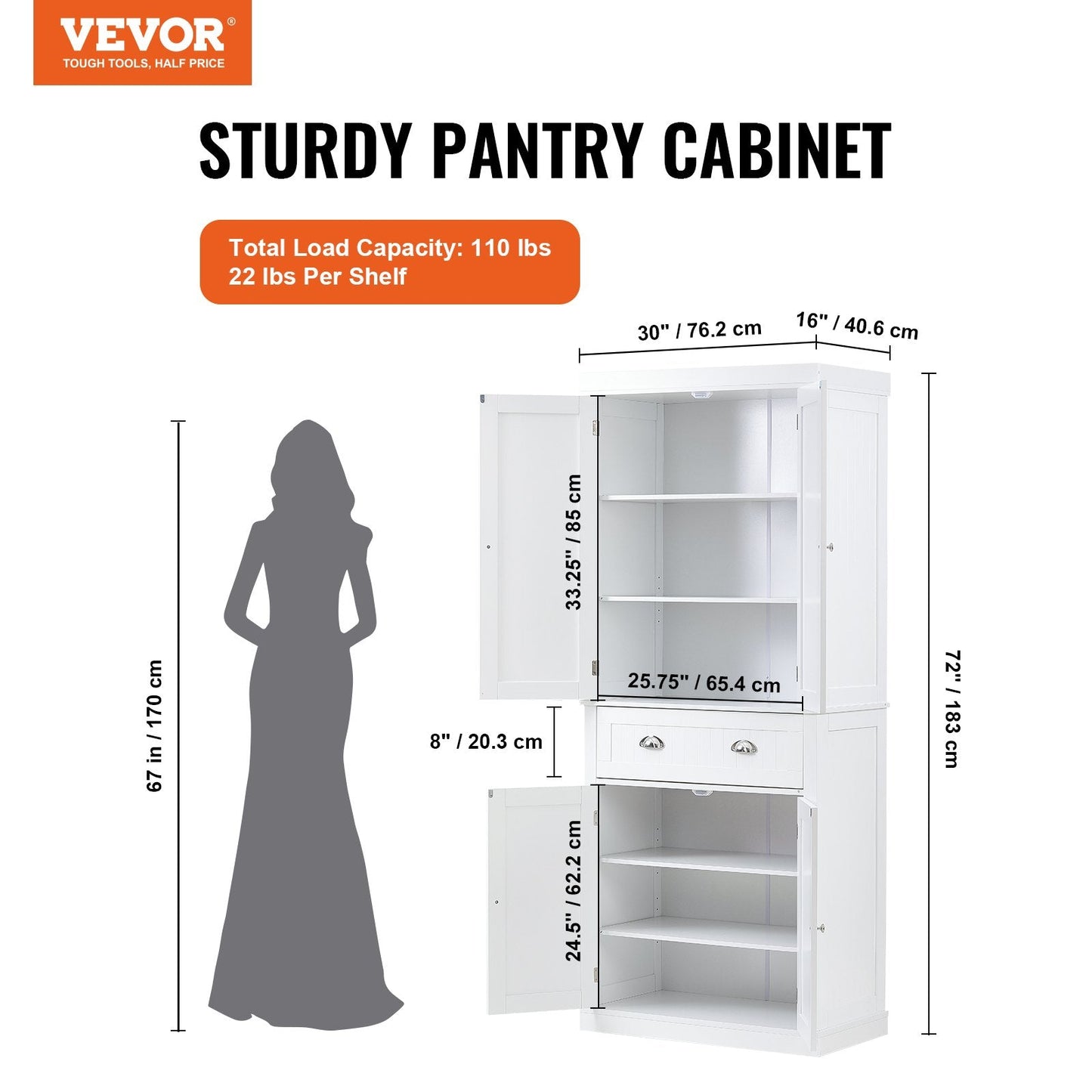 Freestanding Kitchen Pantry Cabinet with Adjustable Shelves, Pearl White, 183 cm