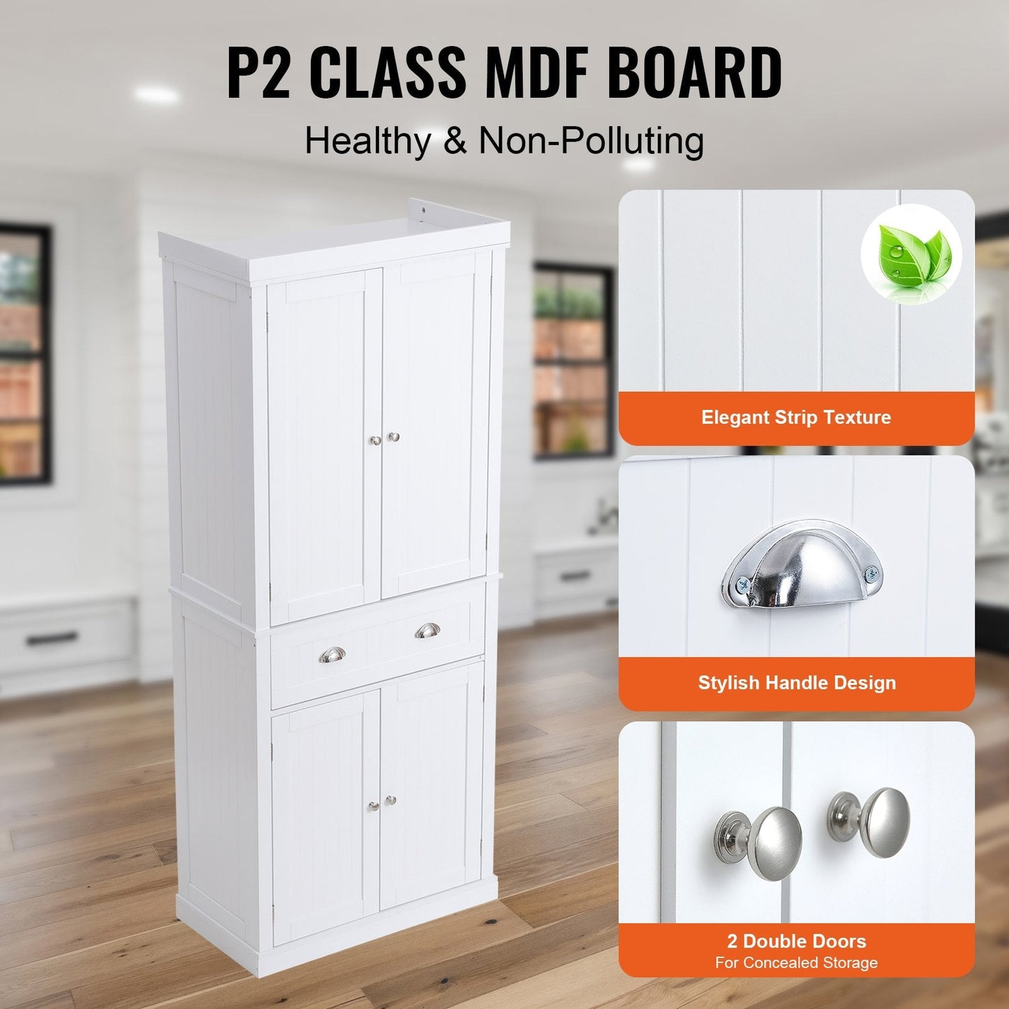 Freestanding Kitchen Pantry Cabinet with Adjustable Shelves, Pearl White, 183 cm