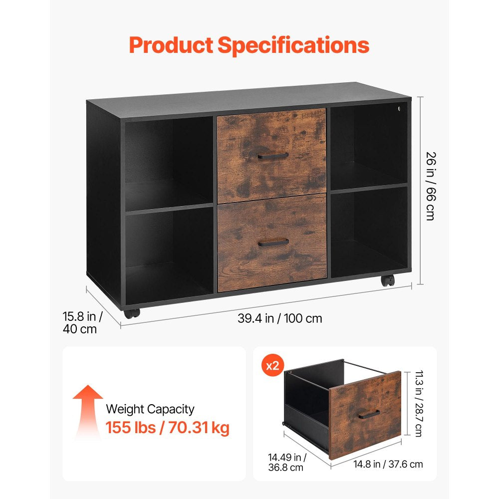 VEVOR 2 Drawer Wooden File Cabinet Mobile Filing Cabinet with Open Shelves Black
